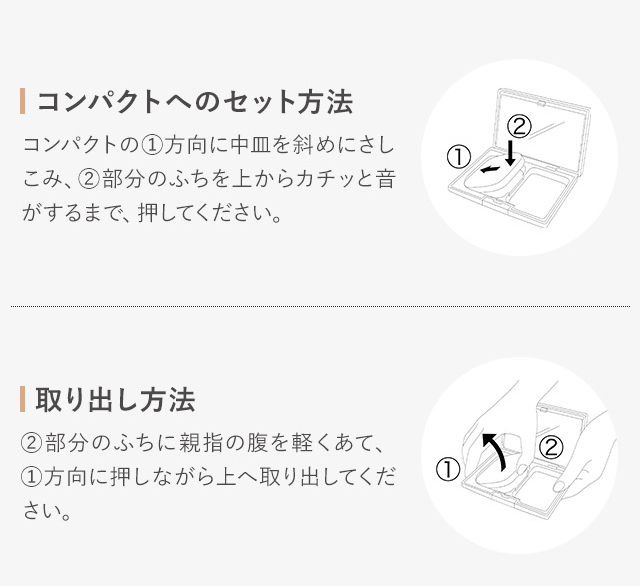 コンパクトへのセット方法 コンパクトの①方向に中皿を斜めにさしこみ、②部分のふちを上からカチッと音がするまで、押してください。取り出し方法 ②部分のふちに親指の腹を軽くあて、①方向に押しながら上へ取り出してください。